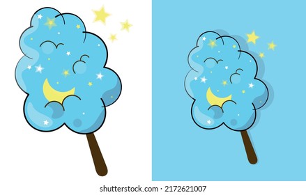 Fantasy blue cotton candy - Dream illustration - Starry sky with moon in cotton candy cloud - children good night decoration.