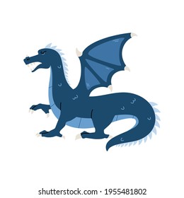 Fantasy blue dragon character, flat vector illustration isolated on background.