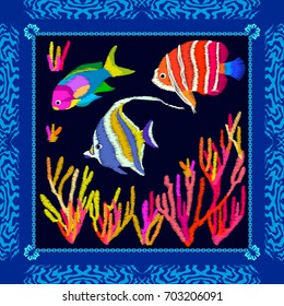 Fantasy blue lagoon. Silk scarf with exotic fishes and colorful corals on dark background. Beach textile collection.