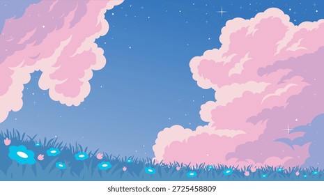 Fantasy blue sky with fluffy pink clouds and night flower field