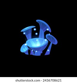 Fantasy blue sparkling mushrooms. Cartoon magic unusual fungi. Fairy nature gui design element, game plant vector isolated on black. Beautiful strange alien glowing ice plant, fluorescent toadstools