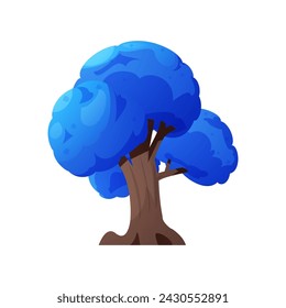 Fantasy blue tree on wooden trunk from alien world. Cartoon vector illustration of magic forest plant with mystic glowing crown isolated on white. Fairytale fantastic flora game asset