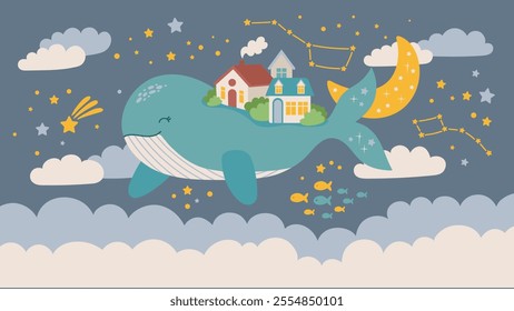 Fantasy blue whale with small town  flying in the stellar sky for nursery wall. Wallpaper vector illustration for kids room interior