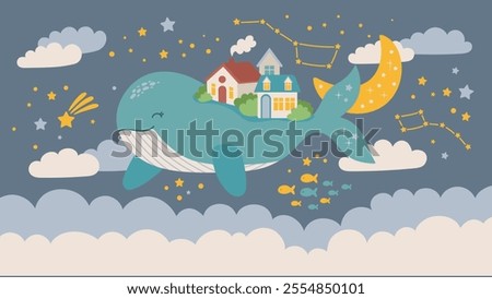 Fantasy blue whale with small town  flying in the stellar sky for nursery wall. Wallpaper vector illustration for kids room interior