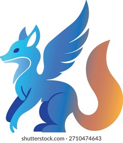 Fantasía de zorro alado azul mascota en estilo de Vector degradado moderno. Diseño creativo de criaturas míticas para el logotipo del juego, la marca, las pegatinas y el arte digital.