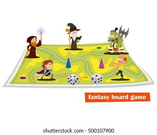 is fantasy board game with figures of warriors, wizards and monsters. strategic moves to win. vector illustration. fantastic turn-based board game. board game with knights, magicians and monsters.