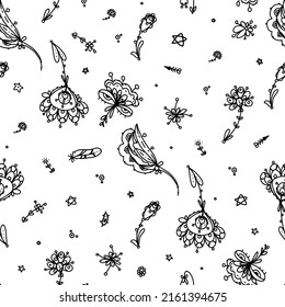 Fantasy Boho decorative floral doodles - seamless vector pattern - Outlines. Simple dark lines on white background.