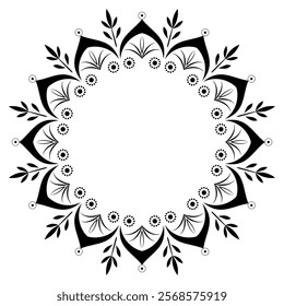 Fantasy boho floral ornament from curved lines. Black mandala vector illustration. Harmonious ornate pattern. Ethnic frame without text. Calm decor for clothes, home, office, stationery