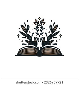 Fantasy book illustration, Logo book element, Floral book, Magic reading, Book design, Handdrawn dook design