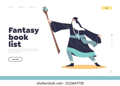 Fantasy book list concept of landing page with old wizard sorcerer with magic staff wearing magician robe tell spell using stick with crystal stone. Cartoon flat vector illustration