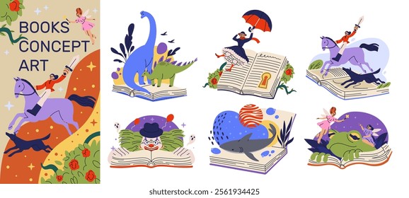 Fantasy book. Open pages with fictional characters. Imagination and reading. Library of adventure, horror and novels. Live animated fiction sheet. Dinosaur and dragon encyclopedia. Vector concepts set