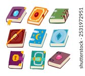 fantasy book set cartoon. wizards elves, quests kingdoms, spells enchantment fantasy book sign. isolated symbol vector illustration