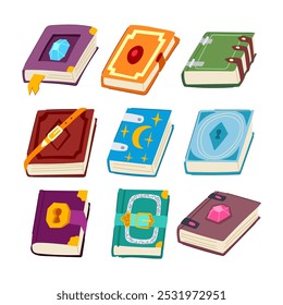 fantasy book set cartoon. wizards elves, quests kingdoms, spells enchantment fantasy book sign. isolated symbol vector illustration