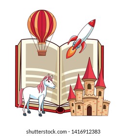 fantasy book with stories character showing a castle, air balloon, sky rocket and unicorn in front of the book vector illustration graphic design