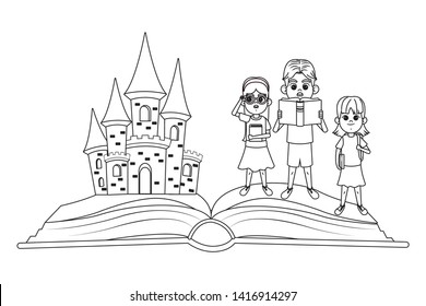 fantasy book with stories character showing a castle and kids reading books over the pages of open book in black and white vector illustration graphic design