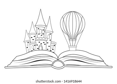 fantasy book with stories character showing a castle and and air balloon over the pages of open book in black and white vector illustration graphic design