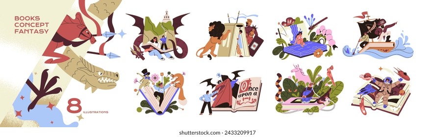 Fantasy books concept set. People read novels, readers adventure with fairy tale heroes in imagination. Fiction literature, immersing fairytale world. Flat isolated vector illustration on white