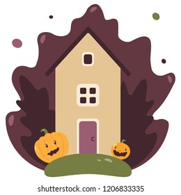 Fantasy boot cottage on a colorful meadow with ivy and pumpkins