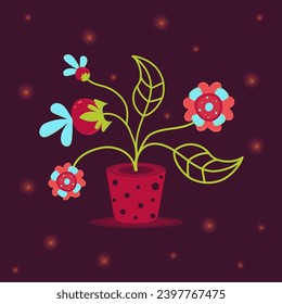 Fantasy botanical illustration. Cartoon magic plant. Fantasy magic flower in a pot.	