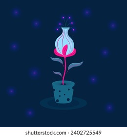 Fantasy botanical illustration. Cartoon magic plant. Fantasy magic glowing flower in a pot.