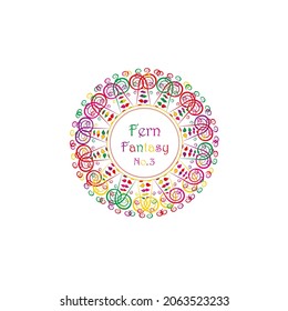 Fantasy botanical wreath with fern fronds and twigs. Colorful fern frame isolated on white vector illustration. Rainbow colors herbal border. Original geometric floral wreath.