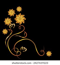 Fantasy bouquet. Flowers, leaves curls. Gold illustration on a black background. Print on fabric. Postcard with space for an inscription. .Vector