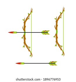 Fantasy bow and arrow. Druid shooting medieval magic weapon. Set of tools for hunting.