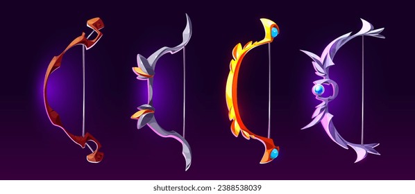Arcos de fantasía aislados sobre fondo negro. Dibujo vectorial de armas mágicas con mango de madera, dorado, plata adornado con piedras preciosas, ballestas medievales, herramientas de caza, utensilios de caza