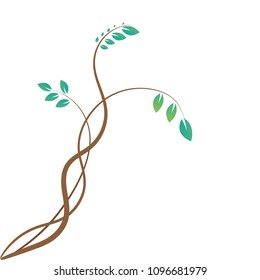 Fantasy branch tree. Tree branch with green leaves over white background. Vector graphics. Artwork design element. 