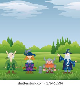 Fantasy brave heroes: elf archer, cavalier fencer, dwarf warrior and old wizard standing in forest and preparing to epic battle, funny comic cartoon characters. Vector