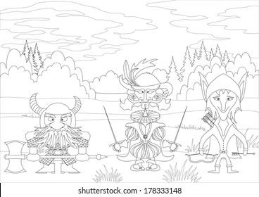 Fantasy brave heroes: elf archer, count fencer and dwarf warrior standing in forest, funny comic cartoon characters, black contour on white background. Vector