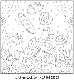 Fantasy Bread rain in bakery shop. Learning and education coloring page illustration for adults and children. Outline style, black and white drawing