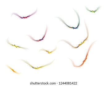 Fantasy bright birds soaring in the sky original vector illustration. Flying paradise birds print design. A flock original image. Original silhouettes of flying birds. The bats silhouette background