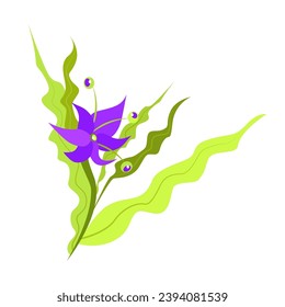 Fantasy bright flower with eyes. Vector drawing, flat style. Purple petals, green leaves