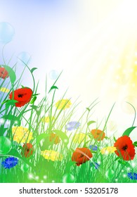 fantasy bright flower meadow with sun, bubbles and copyspace, EPS 10