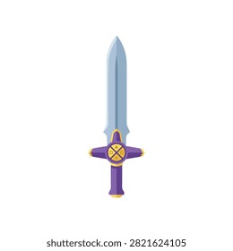 Fantasy broadsword icon with gold and purple accents. A decorative broadsword with a silver blade and detailed purple and gold handle on a clean white background. Perfect for role-playing game interfaces or mythical themes.