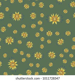 Fantasy bronze flowers on a green background. Seamless vector illustration.