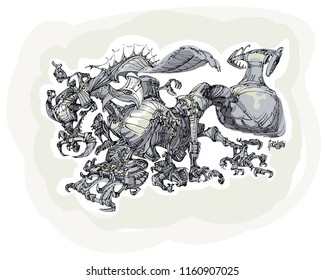 Fantasy bug like structure with big claws, freehand marker lines based illustration, colored digitally