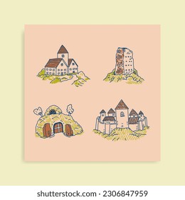 fantasy building set hand drawn comic style