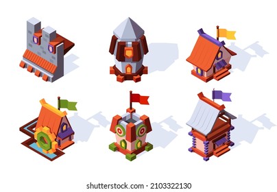 Fantasy buildings isometric. Village fairy tale houses in cartoon style props for games farm cottages garish vector 3d colored illustrations