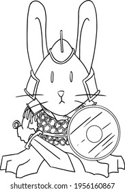 Fantasy bunny warrior with sword and shield in lineart