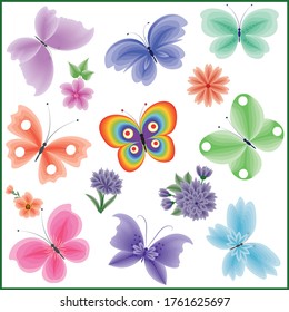 Mariposas y flores de fantasía. Conjunto de imágenes vectoriales, aisladas, para su diseño.