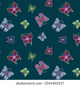 Fantasy butterflies in a pattern.Vector seamless pattern with colorful fantasy butterflies on a blue background.