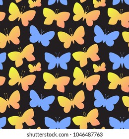 Fantasy butterflies. Vector Art seamless Yellow and blue pattern isolated on black background. Hand drawing.