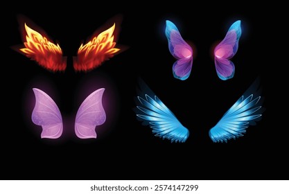 Fantasy butterfly and bird wings vector set. Cartoon pair of glowing neon, ice and burn wings isolated on black background. Shiny fairy, angel or demon decorations. Fairy tale magic accessories