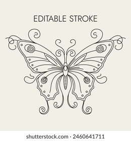 Fantasy butterfly with curled antennae, stretched wings in Art Nouveau style. Single isolated black and white illustration in vintage style. Top view. Editable stroke, outline, contour