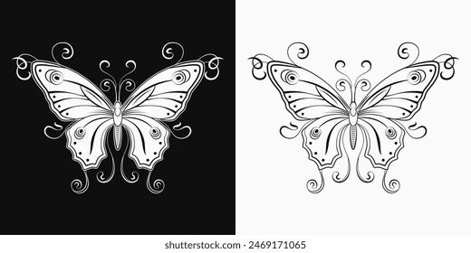 Fantasy butterfly with curled antennae, stretched wings in Art Nouveau style. Single isolated black and white illustration in vintage style. Top view.