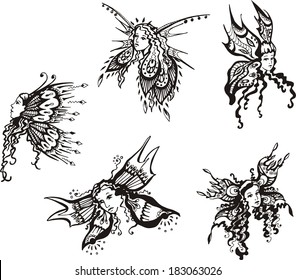 Fantasy butterfly girls. Set of black and white vector illustrations.