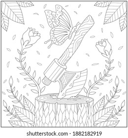 Fantasy butterfly and lumber axe on tree root with flower and leaf. Learning and education coloring page illustration for adults and children. Outline style, black and white drawing
