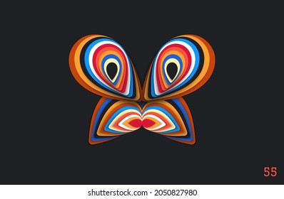 Fantasy butterfly. Paper art design element composed by overlapping elements. Strict and symmetrical 3D layered structure. Vector graphics